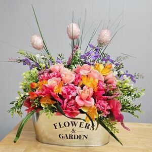 Handmade Colorful Artificial Floral Arrangement in Silver Planter Easter/Spring